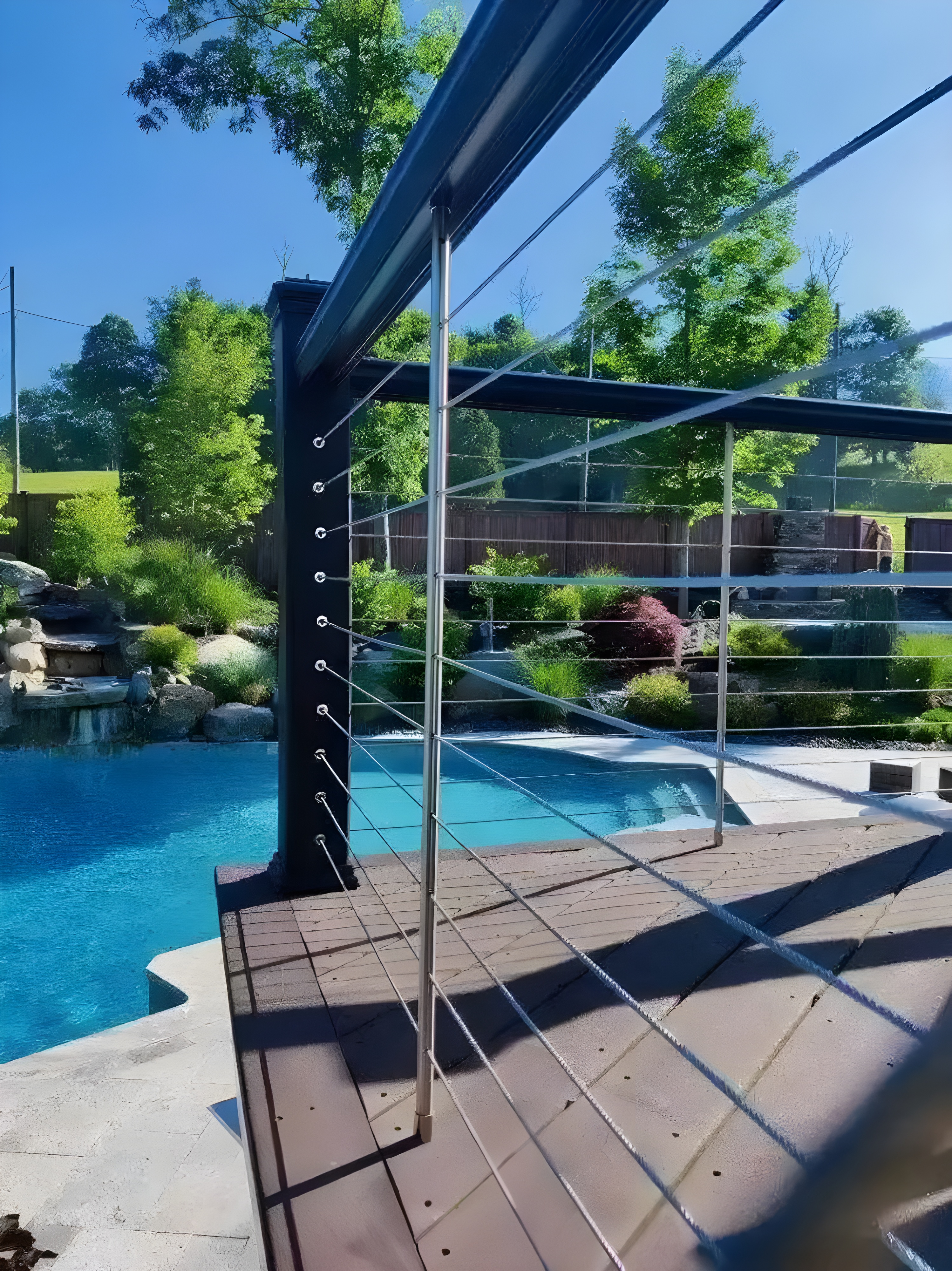 outdoor deck with a pool in the background